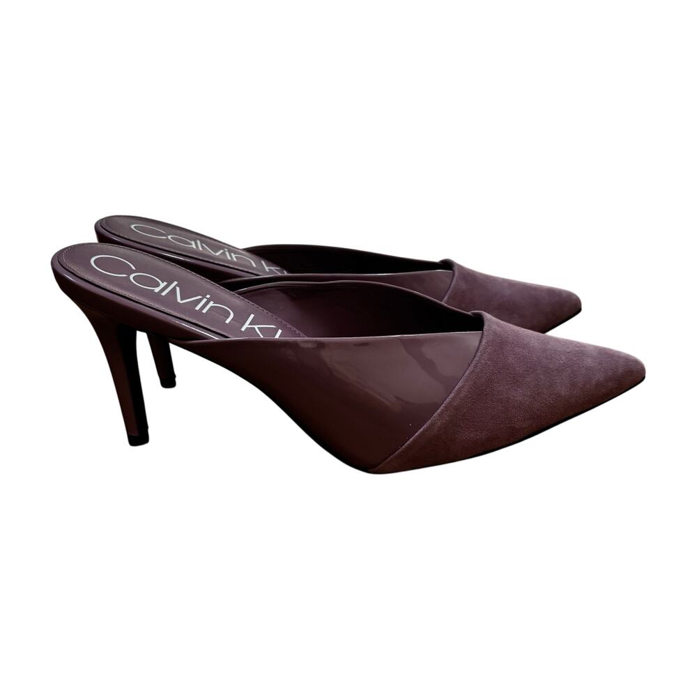 Calvin Klein "Gosha" purple lavender suede & patent leather high heel mules 10M - Picture 9 of 13